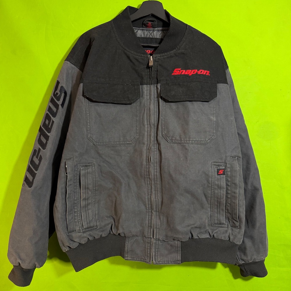 Snap-on Tools Men XL Grey Black Canvas Quilted Work Jacket Bomber Full Zip Logo